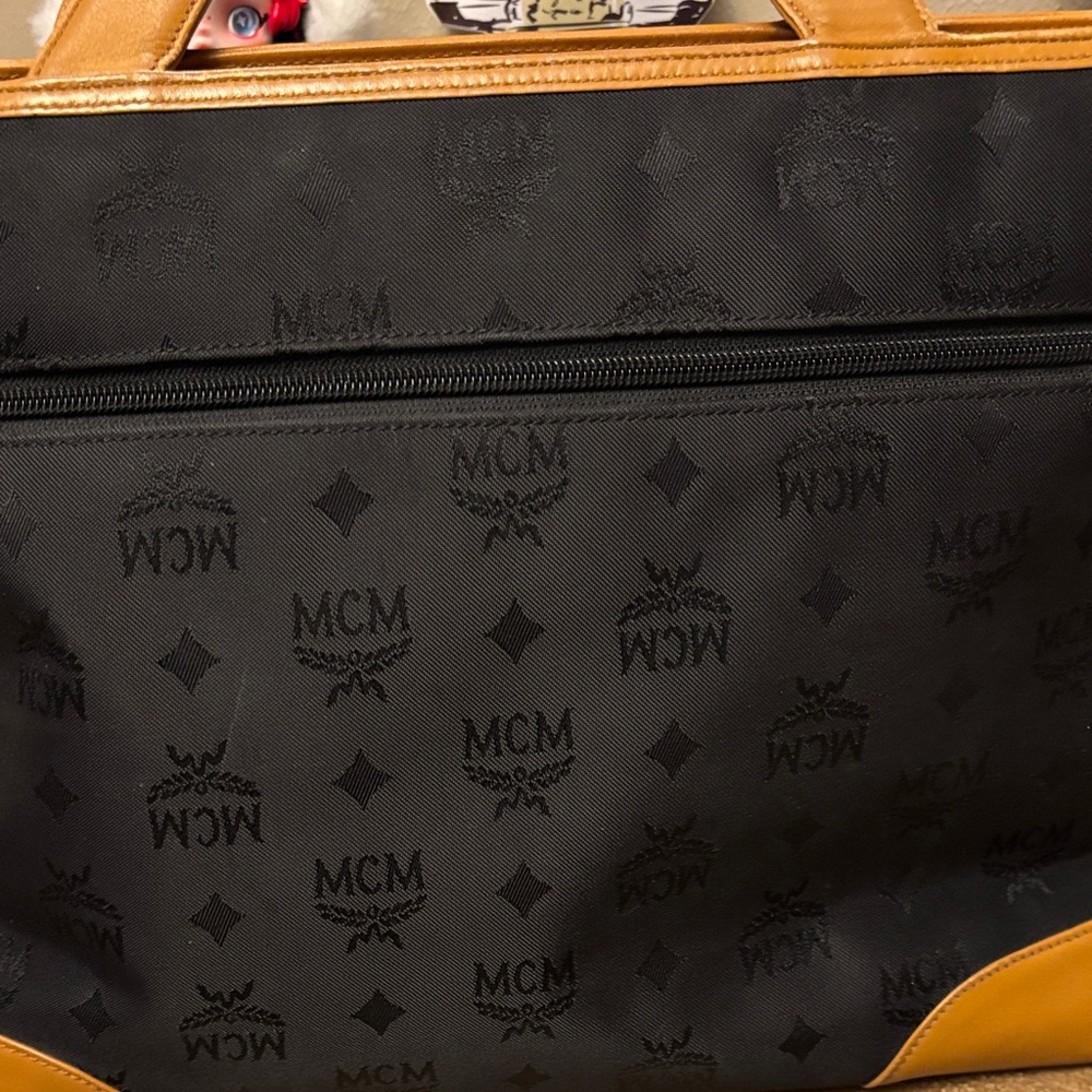MCM Black Canvas Tote with Cognac Trim and Gold Plaque - Picture 5 of 16